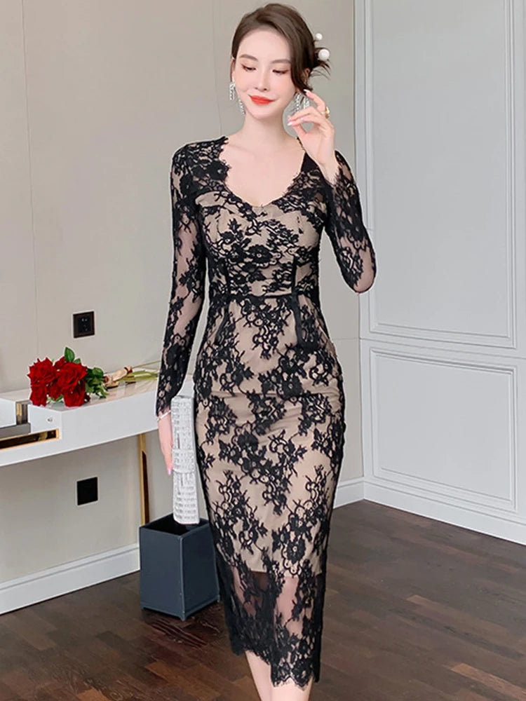 chinese dress ladies Black Ribbed Long Sleeve Midi Dress – PinkBlush main image 1