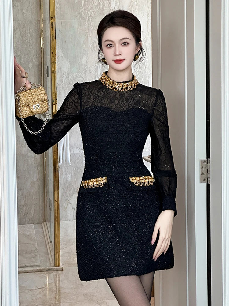 Black Lace Dress With Gold Embellished Accents