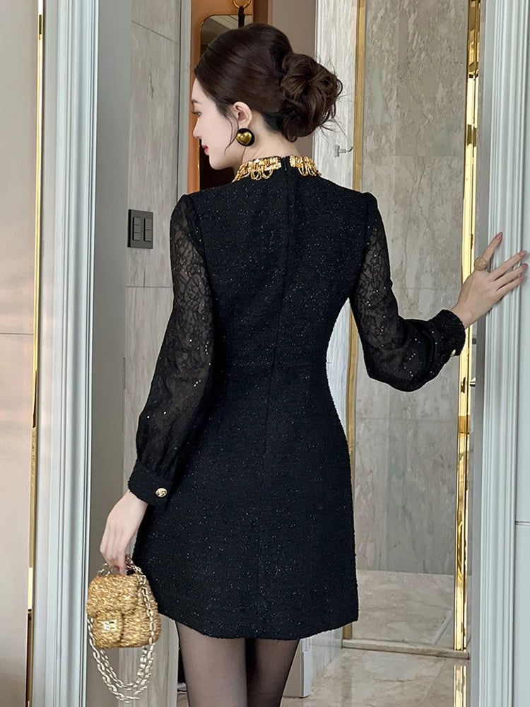 Black Lace Dress With Gold Embellished Accents