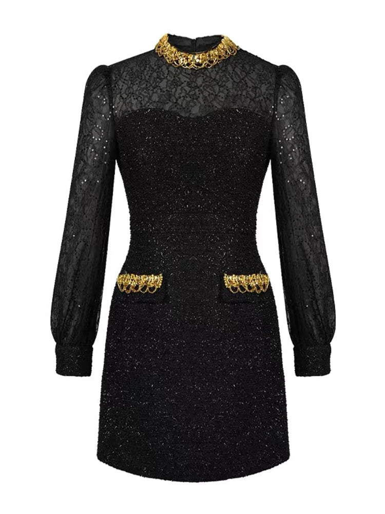 Black Lace Dress With Gold Embellished Accents on Luulla