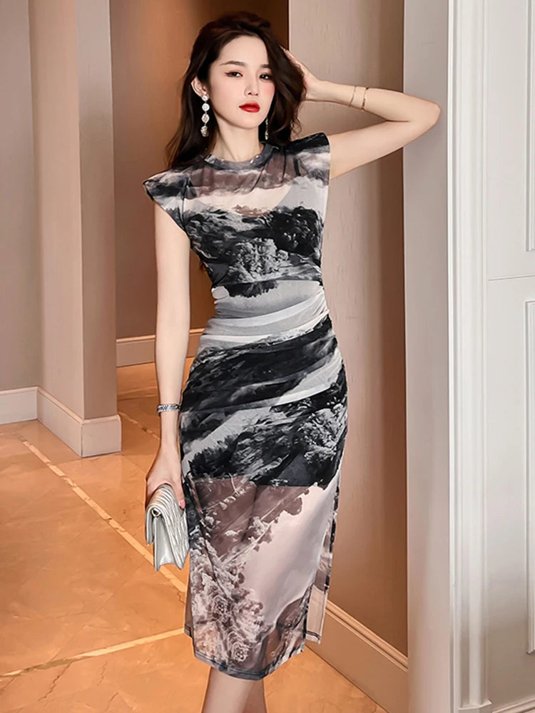 Abstract Print Sleeveless Midi Dress With Sheer Overlay on Luulla