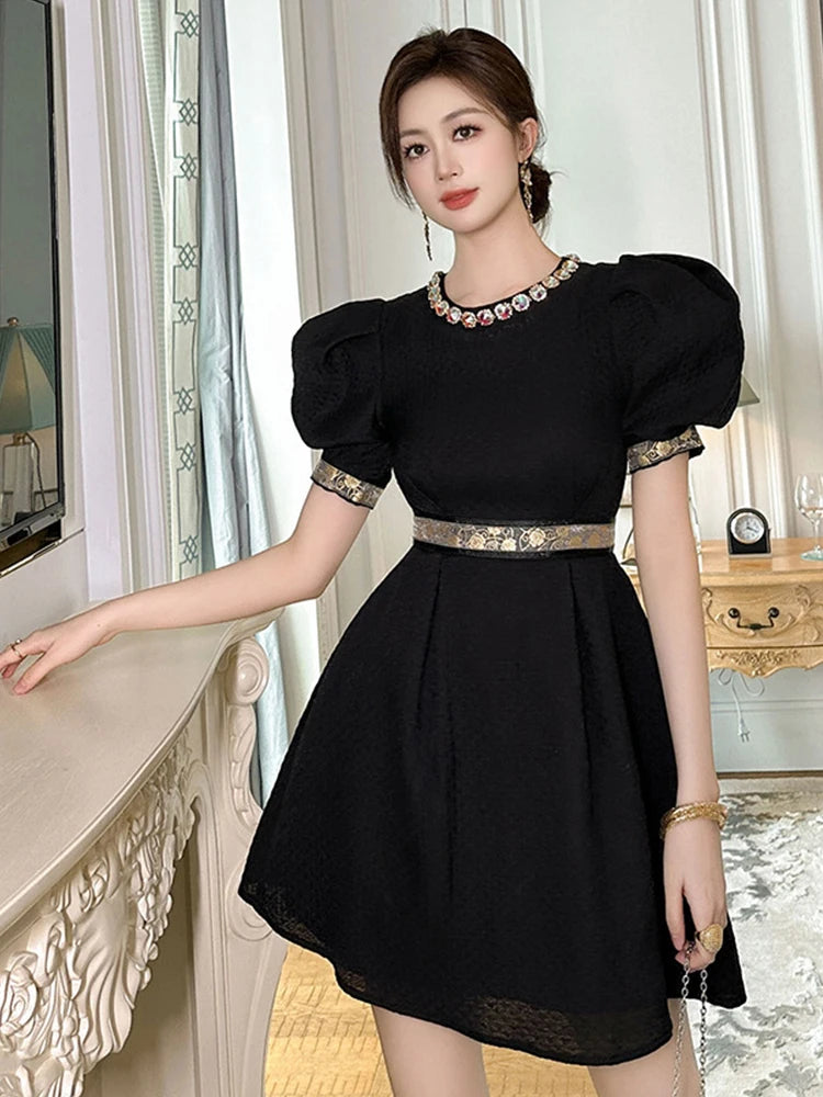 Puff Sleeve Black Dress With Gold Trim