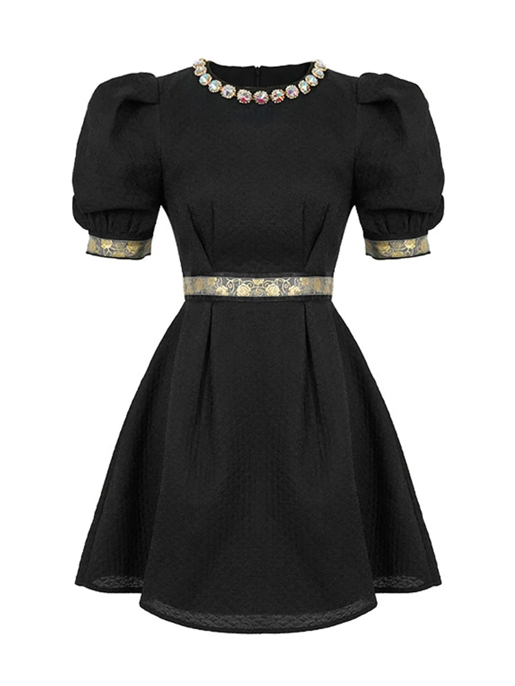 Puff Sleeve Black Dress With Gold Trim on Luulla