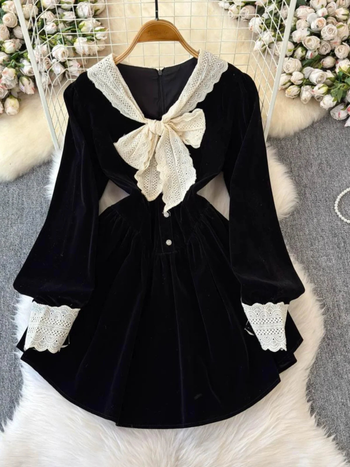 black velvet and lace dress Temptation Black Velvet Lace Midi Dress main image 0