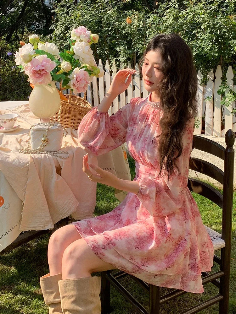 knee length dresses for ladies Chiffon Border Print Drape Neck 3/4 Sleeve A Line Midi Dress – Terijon.com