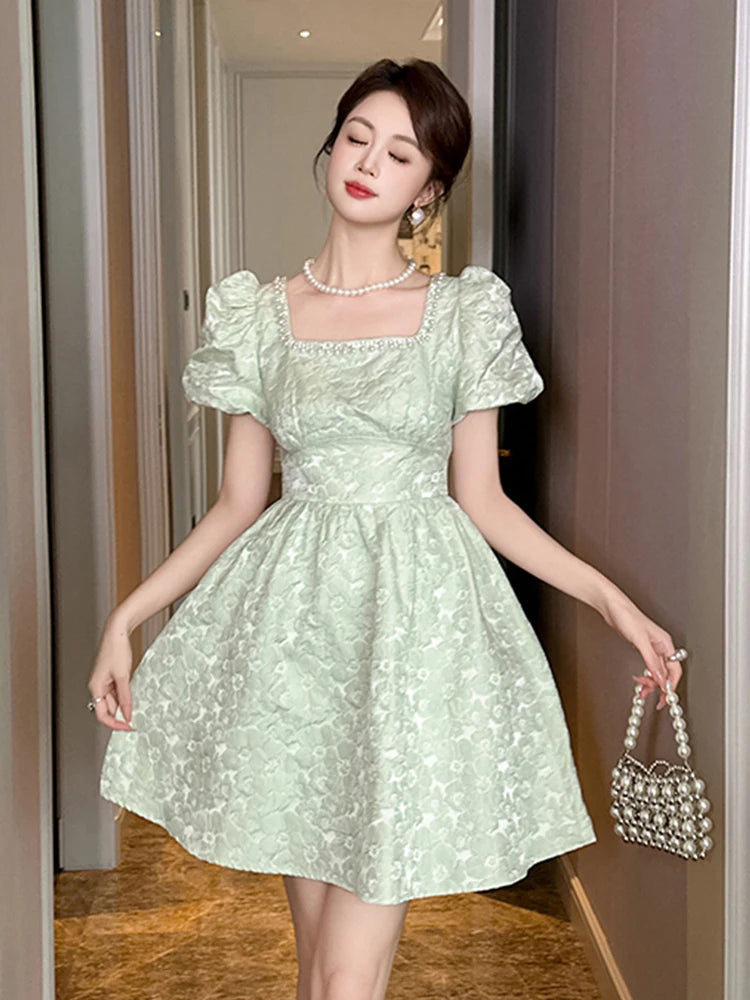 Puff Sleeve Mint Lace Dress With Pearls