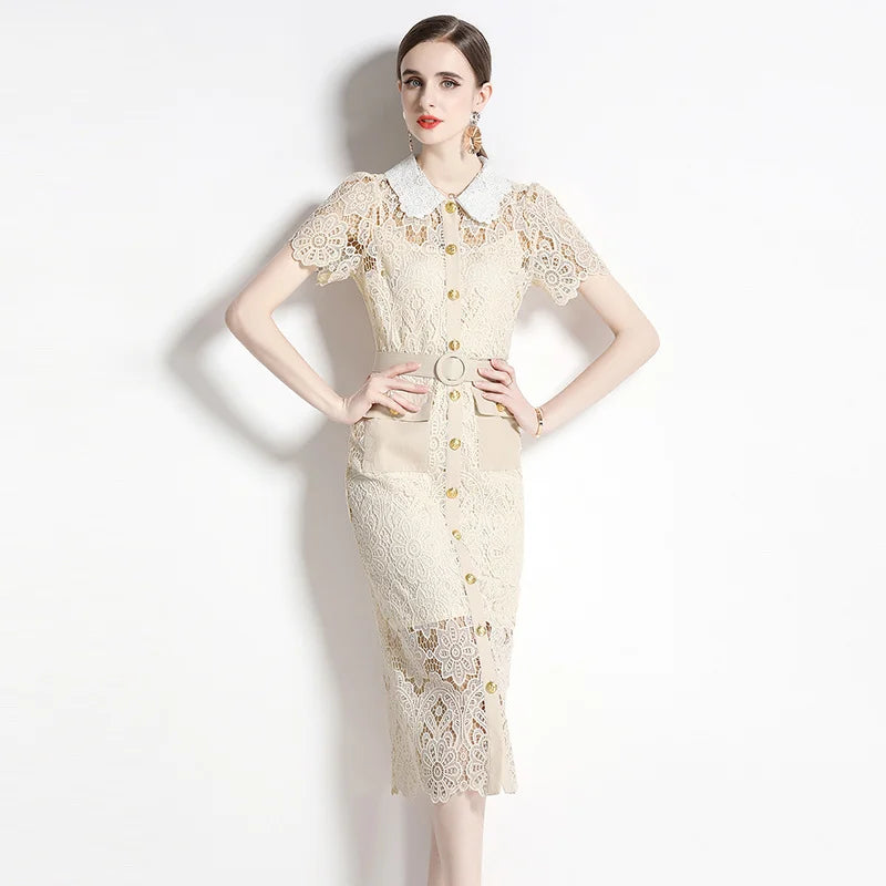 chinese dress ladies Button-Down Belted Midi Dress with Lace Detail main image 0
