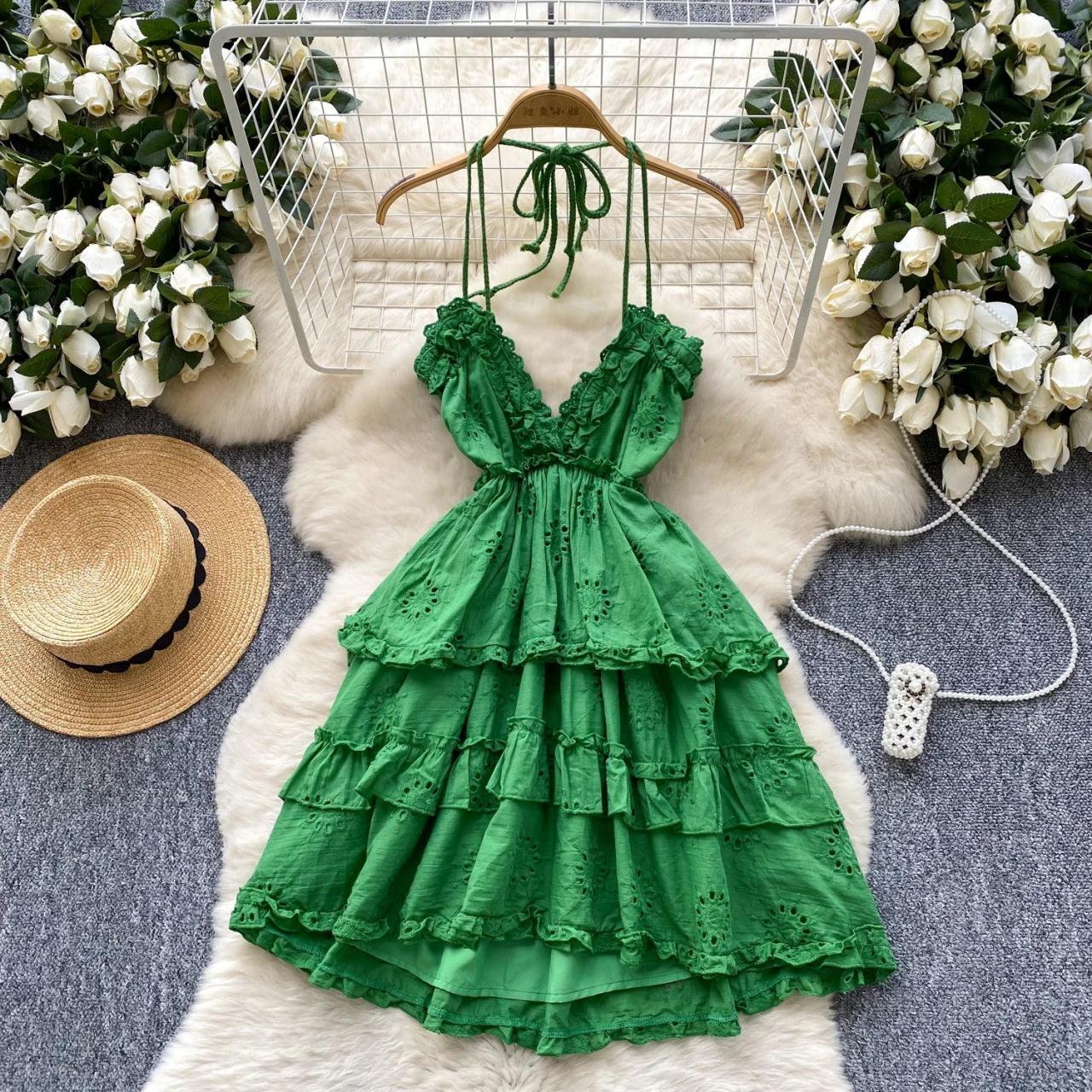 Lush Green Ruffled Dress With Adjustable Straps on Luulla