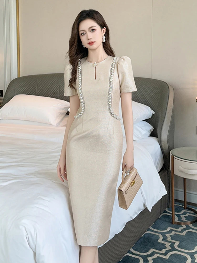 Pearl-accented Beige Metallic Puff Sleeve Dress