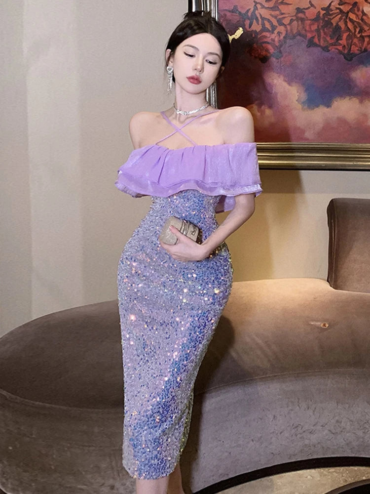 Lavender Sequin Bodycon Dress Off-shoulder Ruffles on Luulla