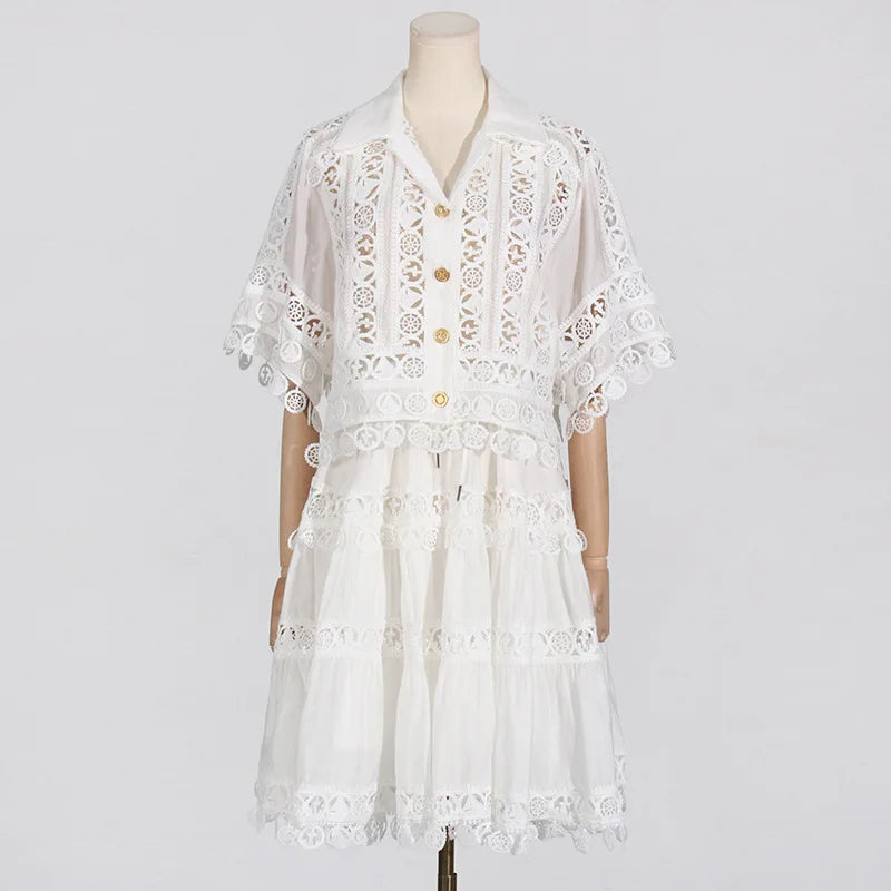 white lace button down dress Lace Detail Short Sleeve Dress 6 / White