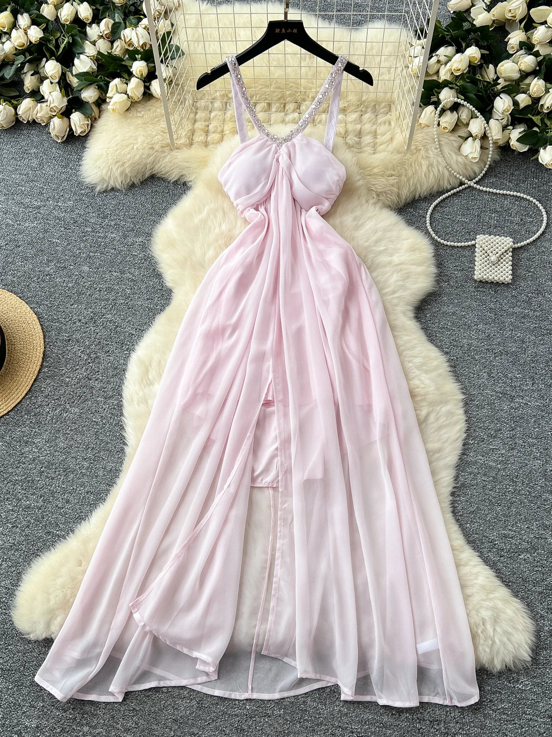 chinese dress ladies Boho Lace Chiffon Sheer Long Sleeve Blush Pink Beach Wedding Dress, Light Ivory main image 1