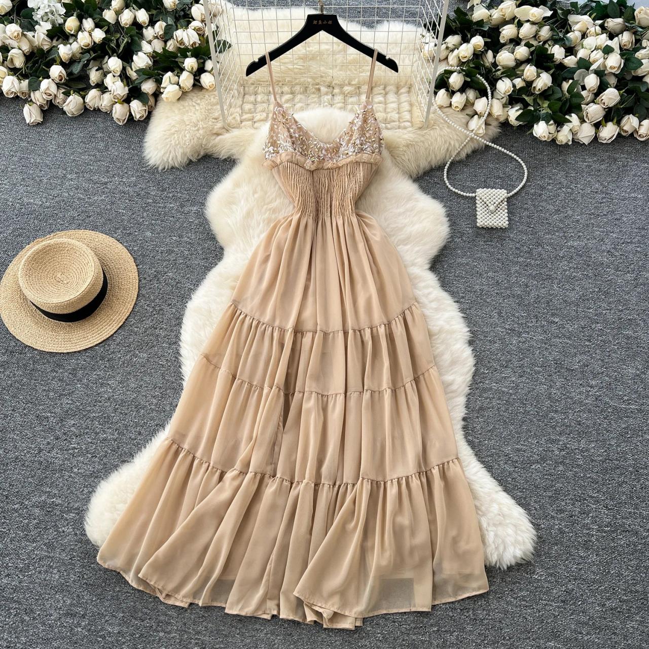 Sparkling Beige Gown With Floral Embellishments on Luulla