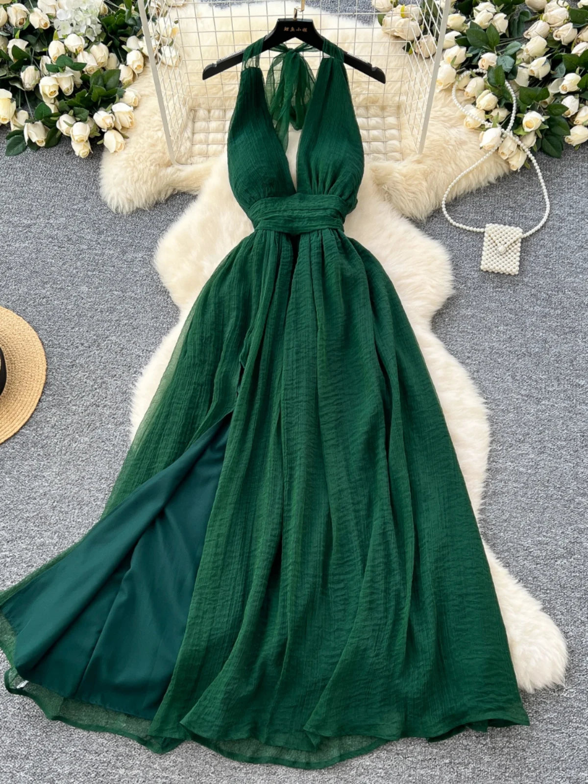 Halter Neck Green Maxi Dress With Slit