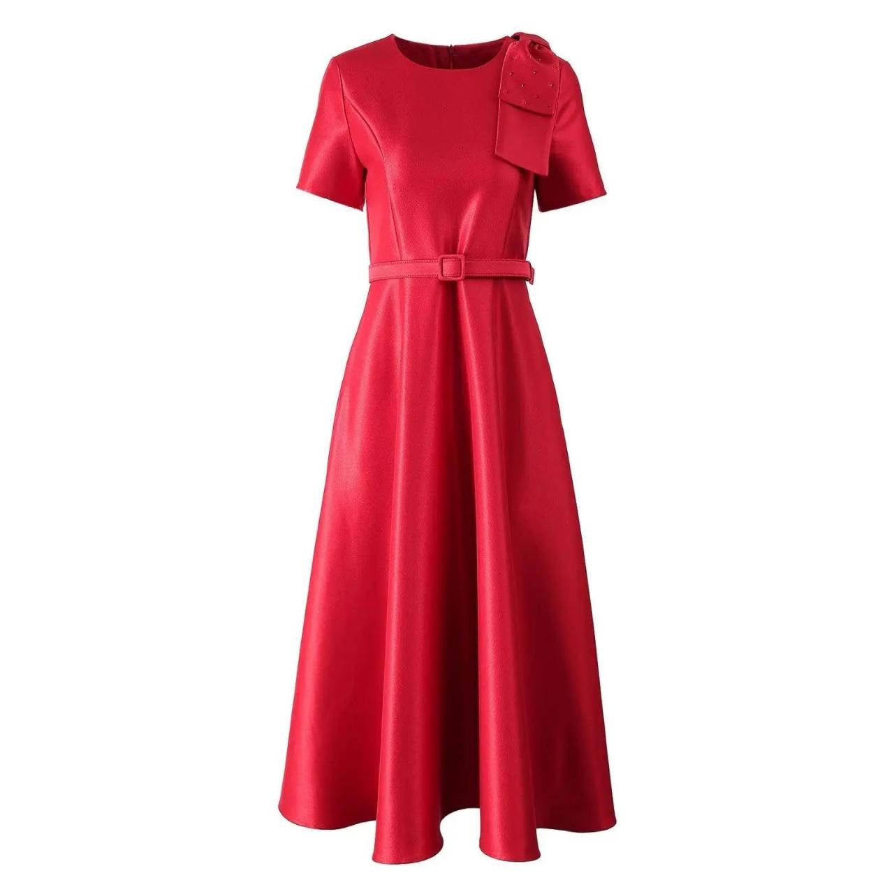 Red Belted Midi Dress With Bow Accent