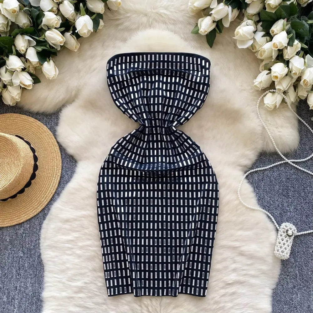 Black And White Strapless Checkered Bodycon Dress