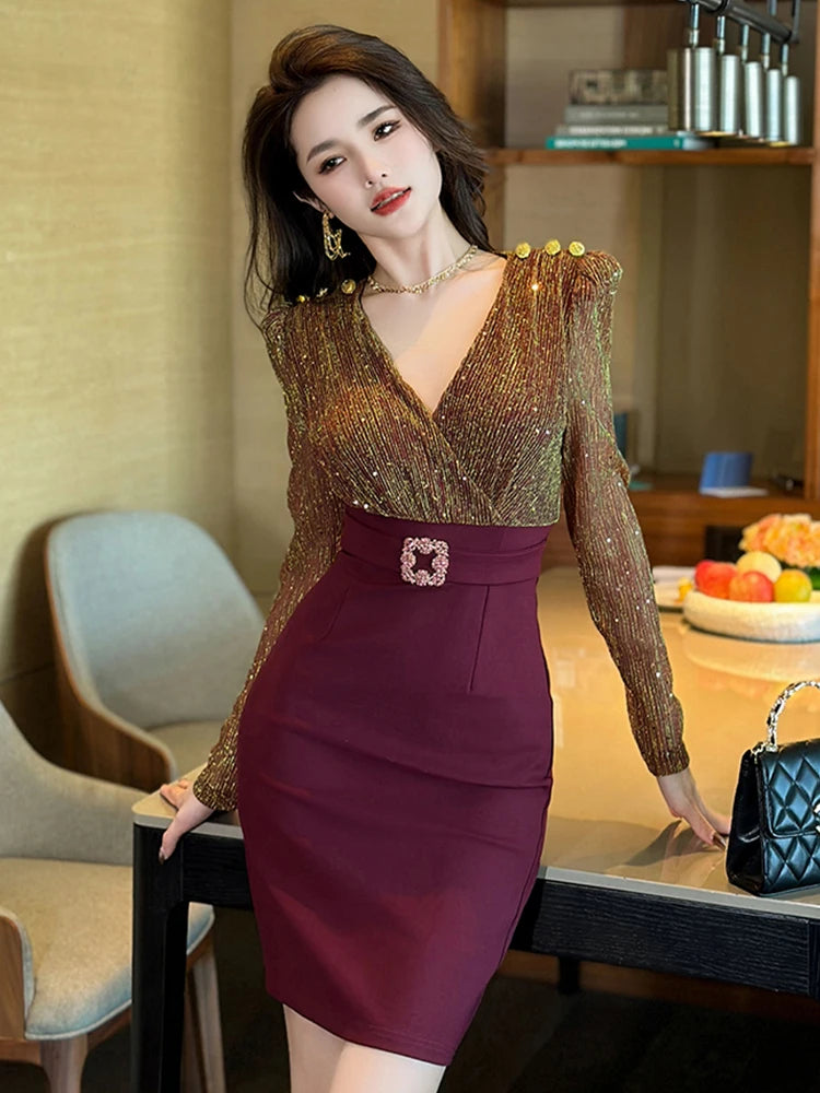 Shimmering Gold Top With Belted Burgundy Skirt on Luulla
