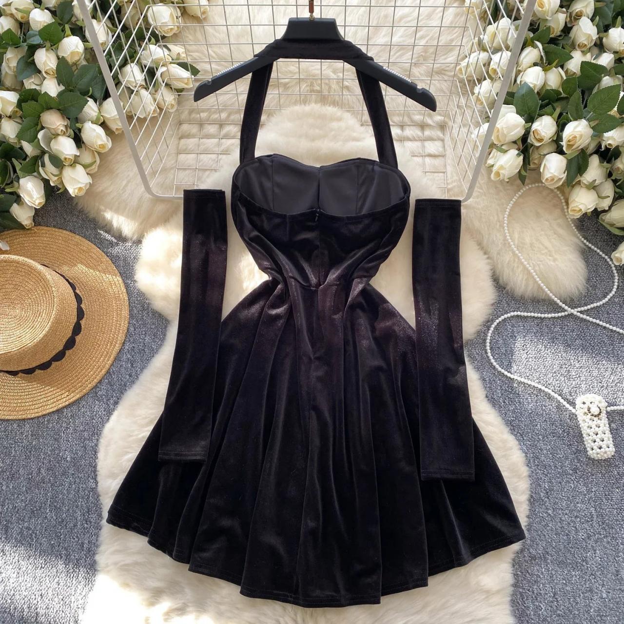 blue dress for baby girl Hepburn Strapless Velvet Dress with Mesh Gloves (Black) – Rose Lane main image 1