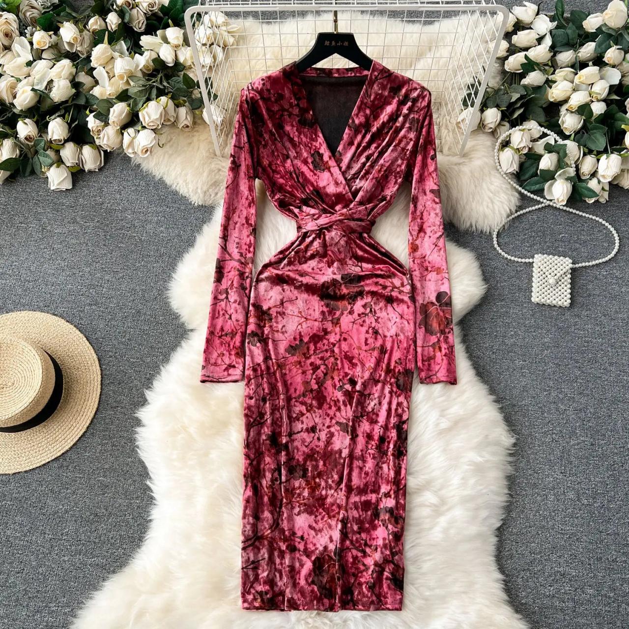 Velvet Long-Sleeve Pink Floral Wrap Dress