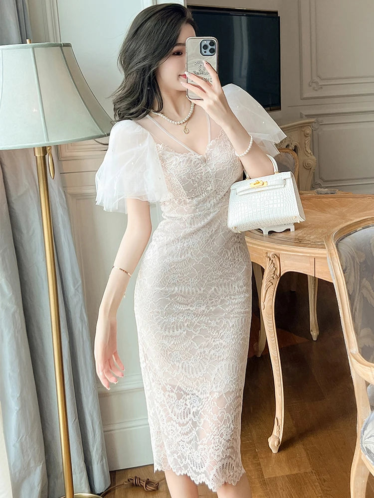 Lace Flutter Sleeve V-neck Midi Dress on Luulla