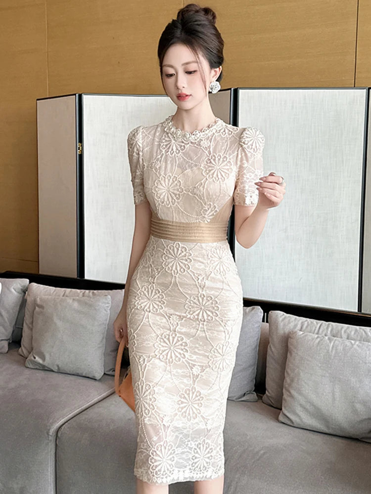Floral Lace Short Sleeve Midi Pencil Dress