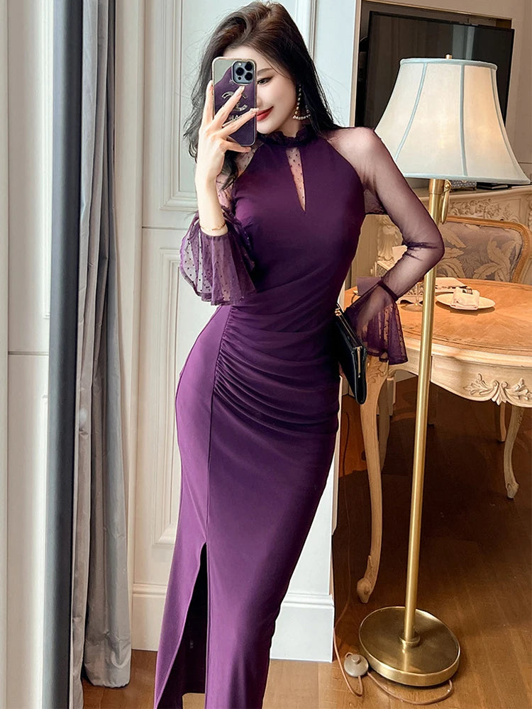 knee length dresses for ladies Priestess Flocked Mesh Maxi Dress - Purple | Disturbia main image 0