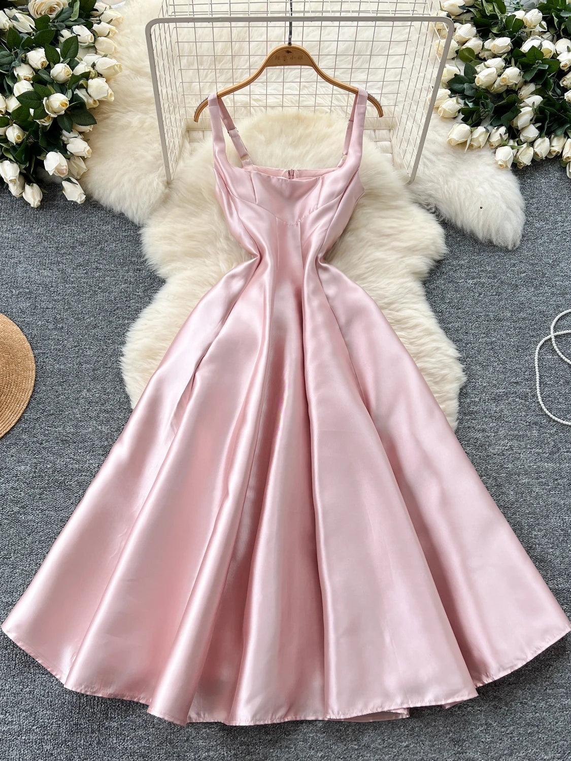 Satin Flared Skirt Evening Dress Satin Sleeveless Pink Dress With Flared  Skirt On Luulla