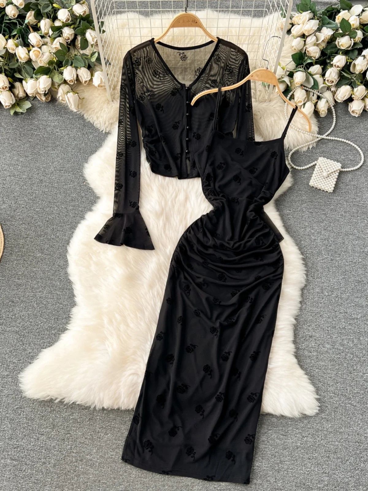 Black Floral Mesh Overlay Long Sleeve Dress