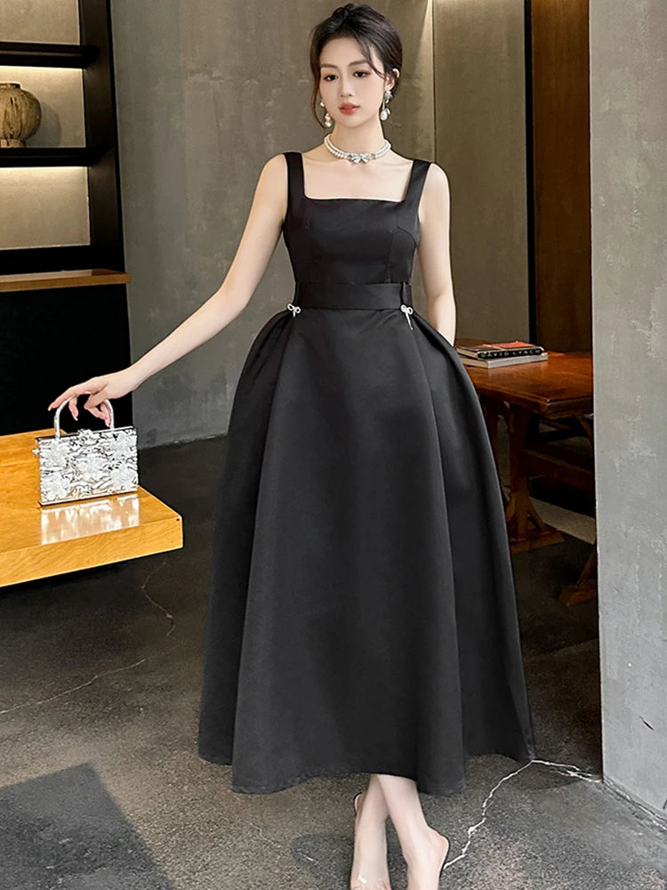 square neck black satin dress Coast Women's Square Neck Satin & Crepe Bridesmaid Dress With Bow Back in Black