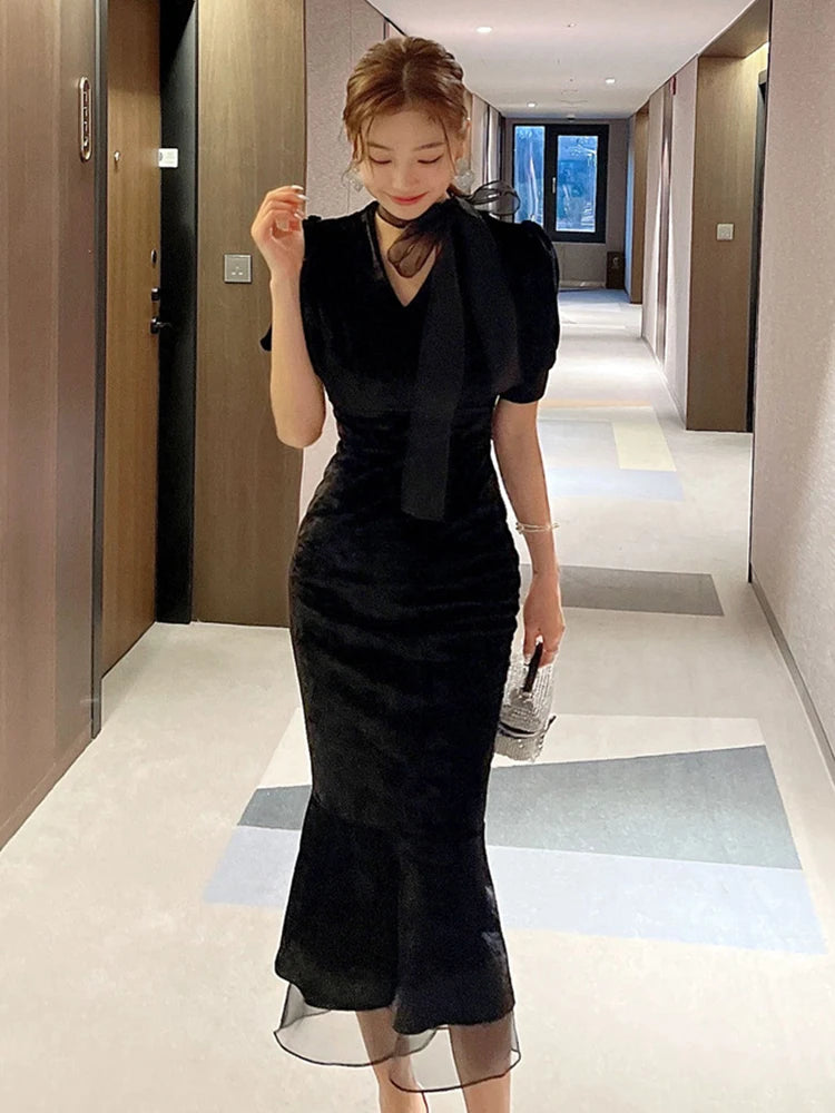 Spring Autumn Casual Velvet Black Mermaid Dress Women Clothes - Main Image