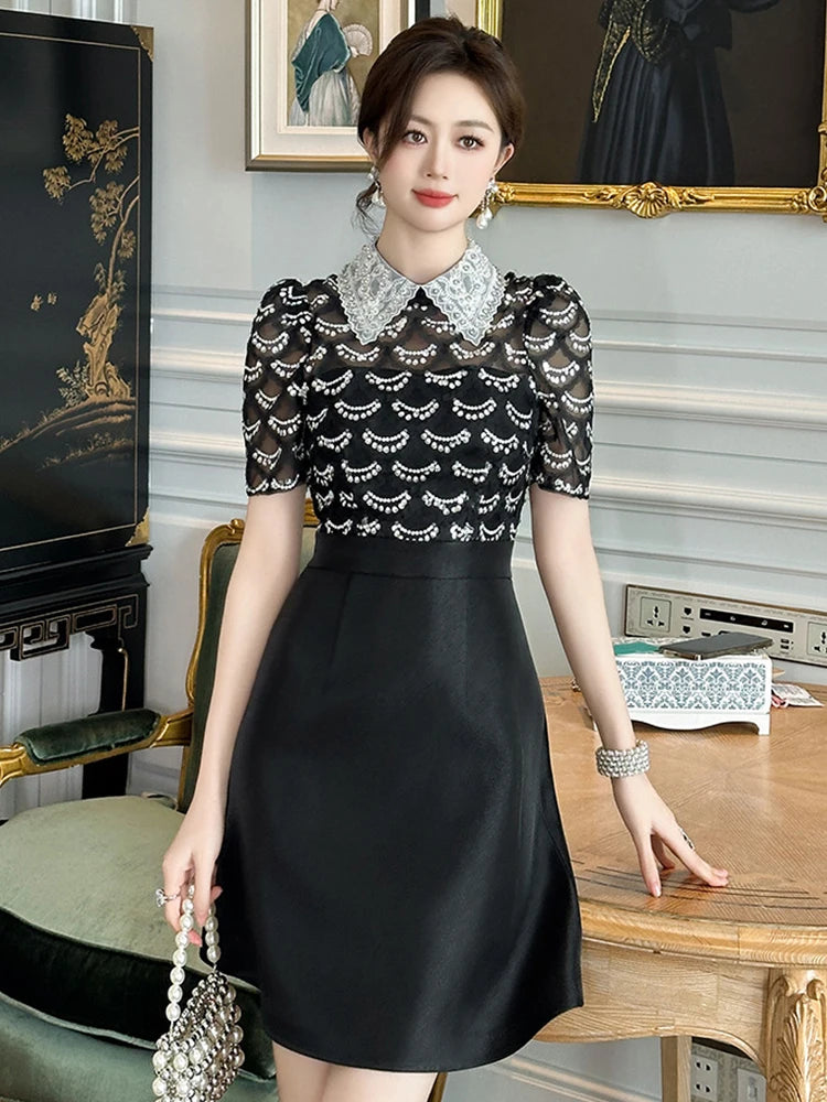 Vintage Lace Collar Black Dress With Embroidery