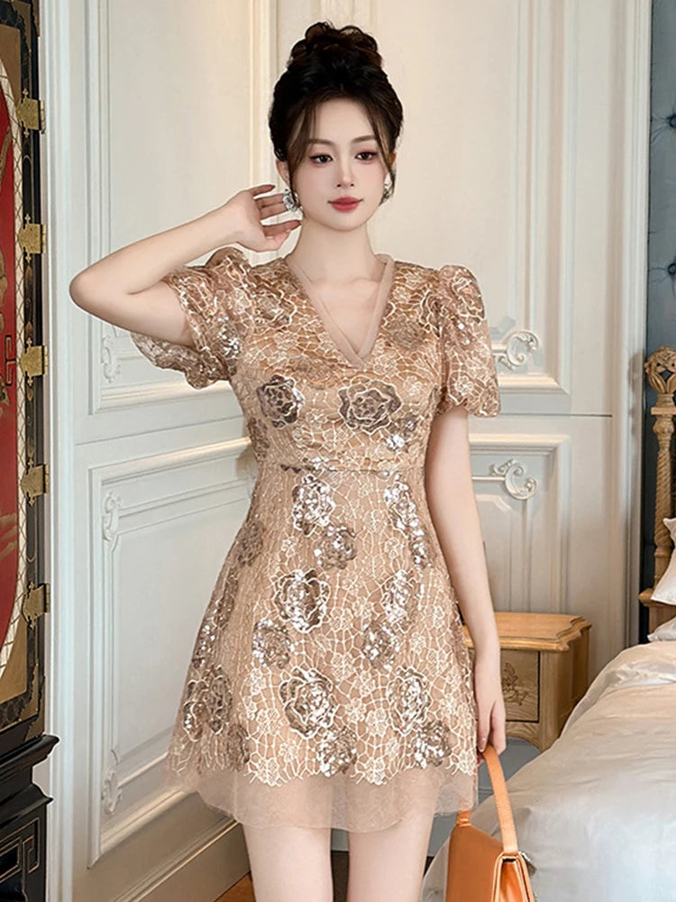 gold lace sheath dress V-neck Gold Lace Floral Puff Sleeve Dress on Luulla