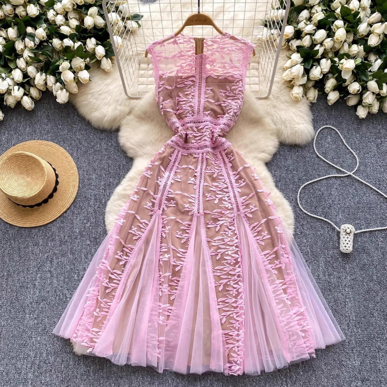 Sheer Floral Lace Sleeveless Pink Dress