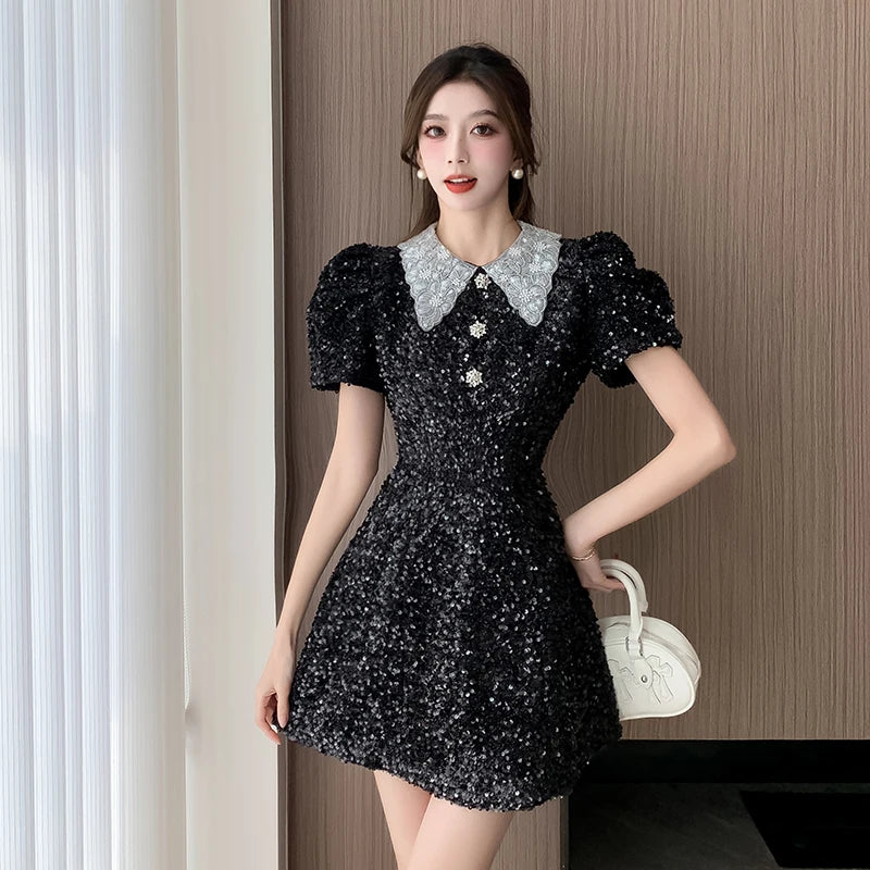 Sequined Short-sleeve Black Dress With Collar