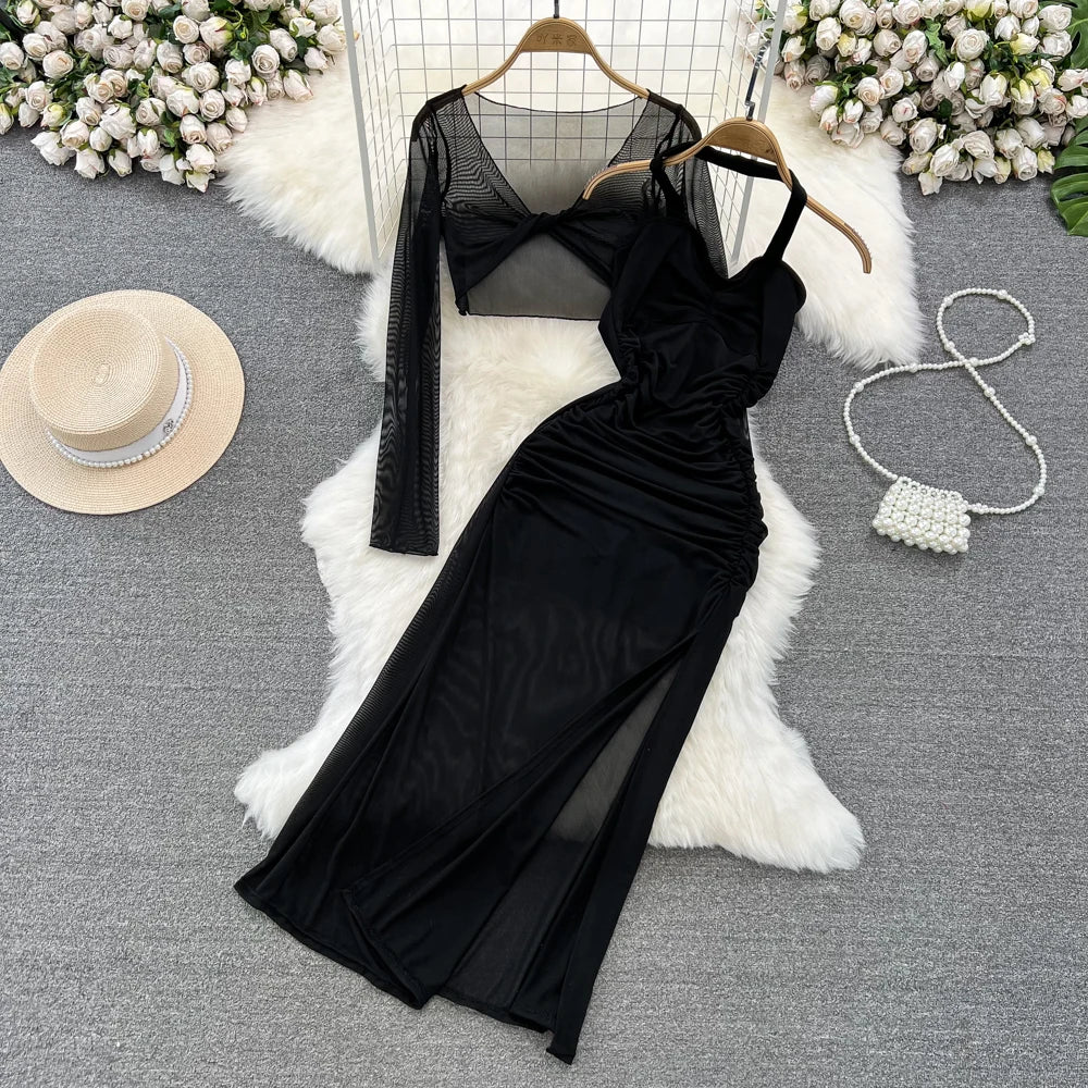 knee length dresses for ladies One Sleeve Mesh Bodycon Corset Dress, Black / Xs main image 0
