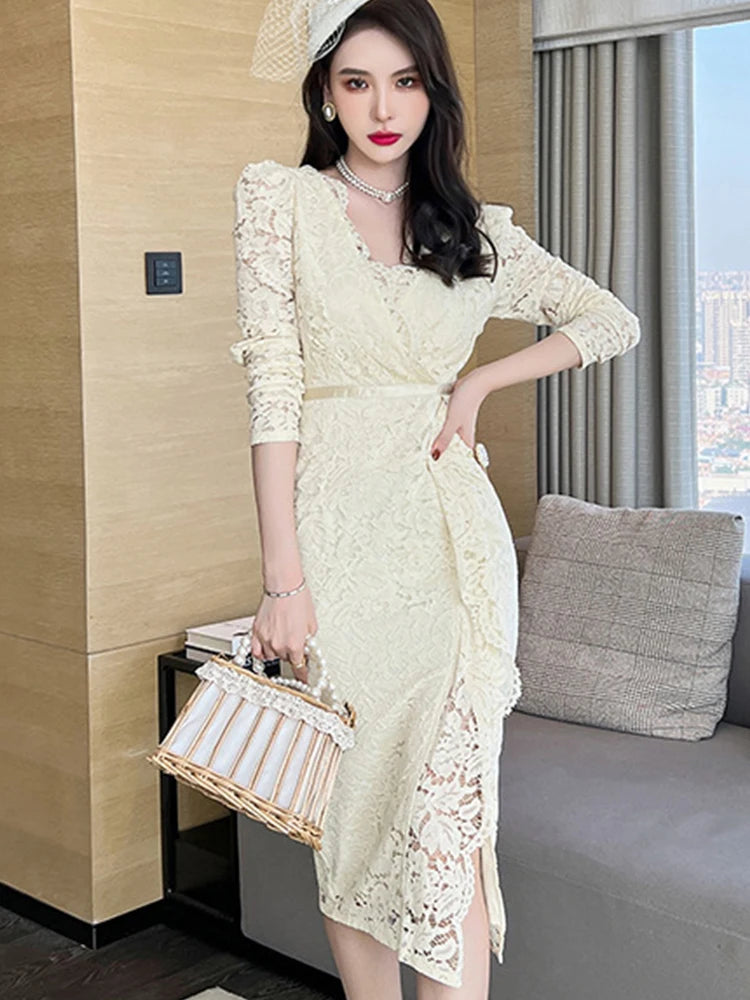Lace Wrap Dress With Sleek Long Sleeves