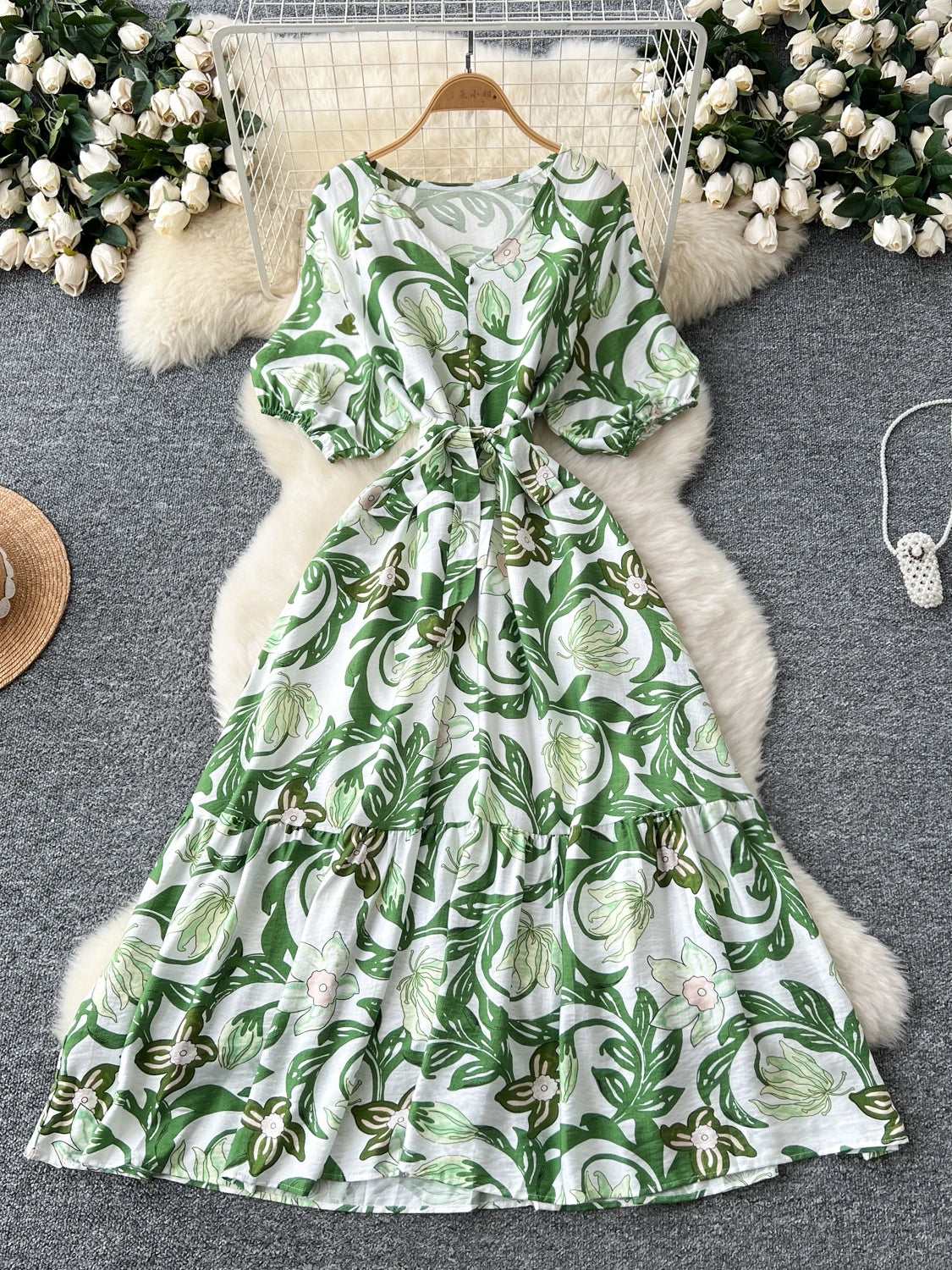 Floral Green Belted Maxi Dress With Pockets