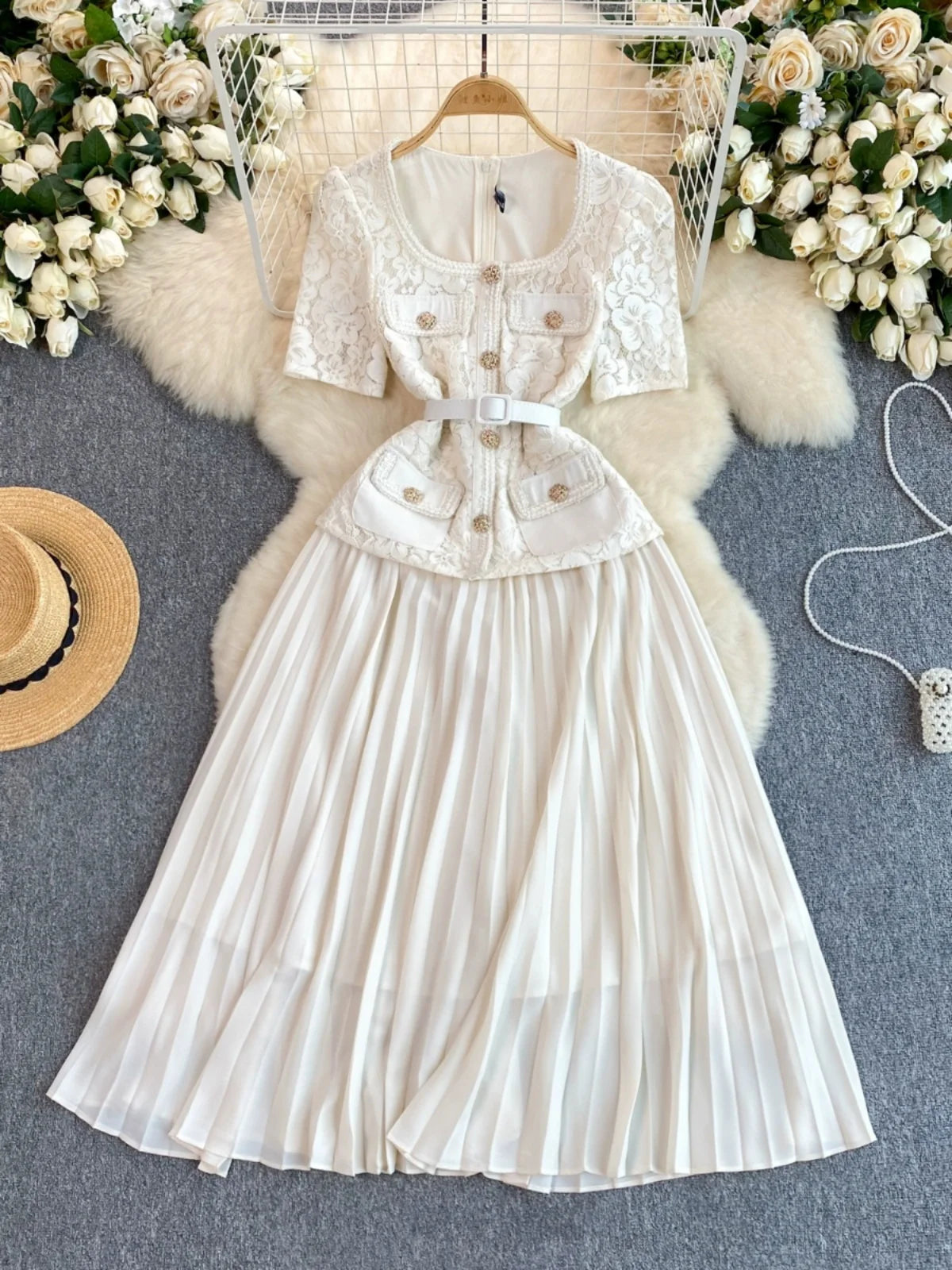 mid length white lace dress Six Stories Women's Lace Sleeve Cup Detail Midi Dress - White main image 1