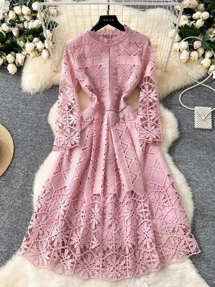 knee length dresses for ladies 1970s Long Sleeve Crochet Mesh Midi Dress Small main image 0
