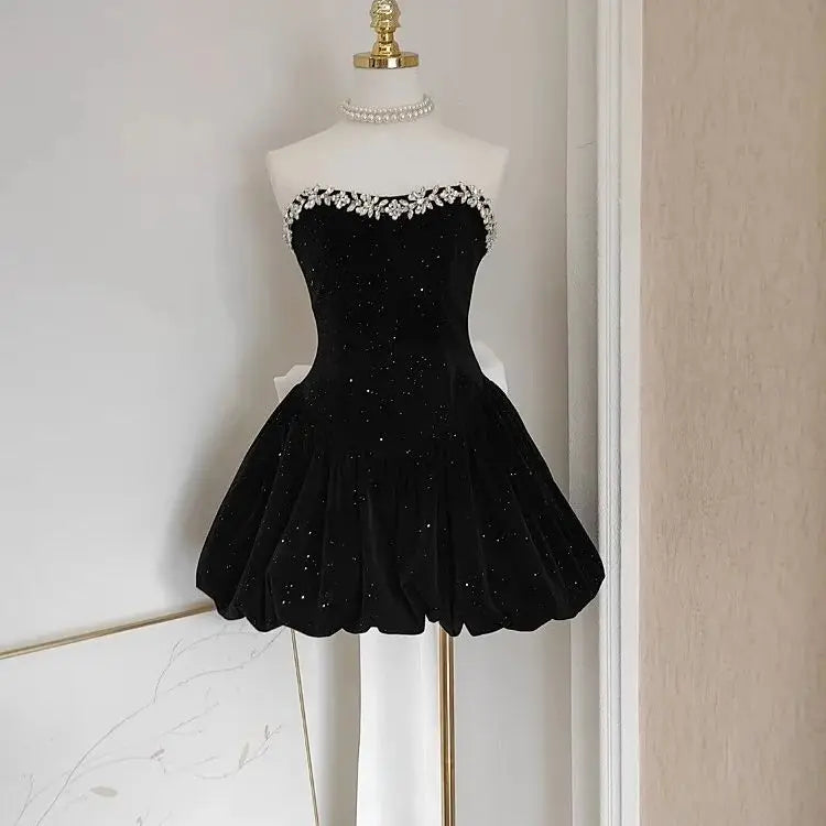 black satin cowl mini dress Rhinestone Tube Mini Dress in Black-swatch