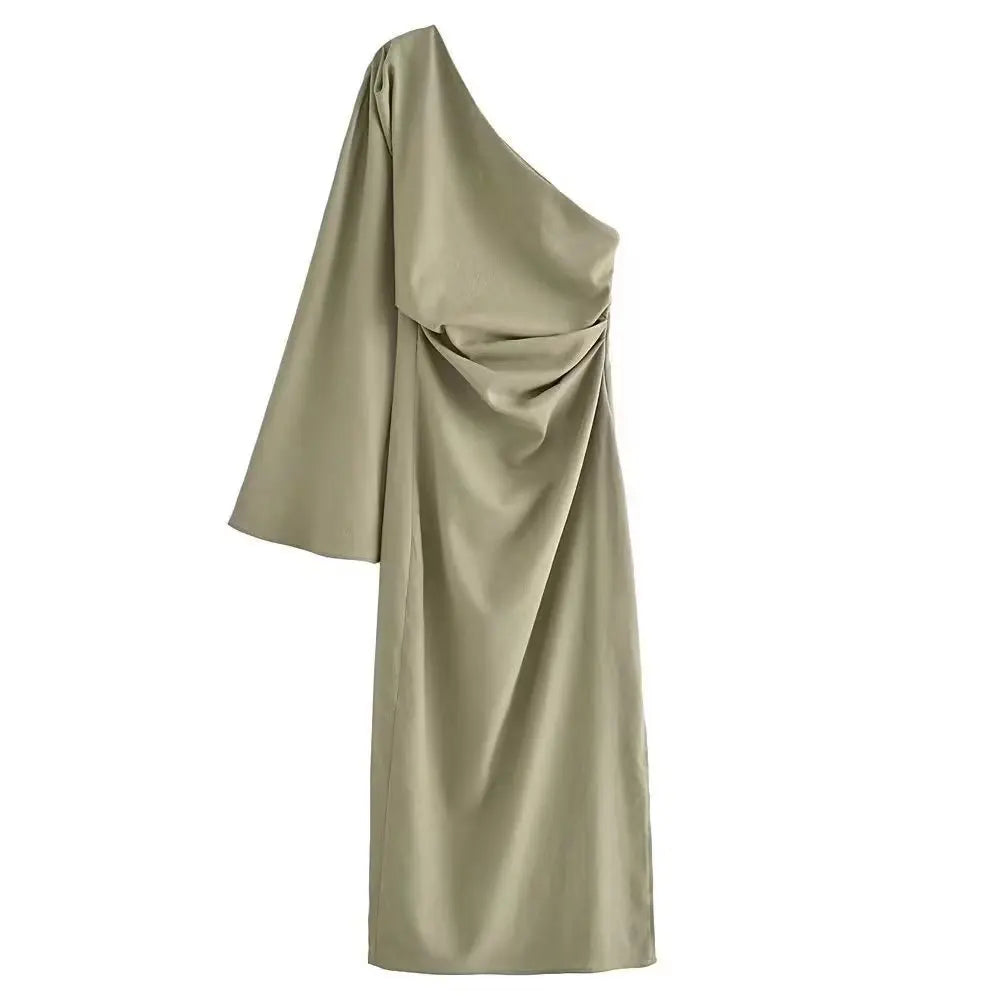 Asymmetric One-shoulder Green Dress With Draped Design on Luulla