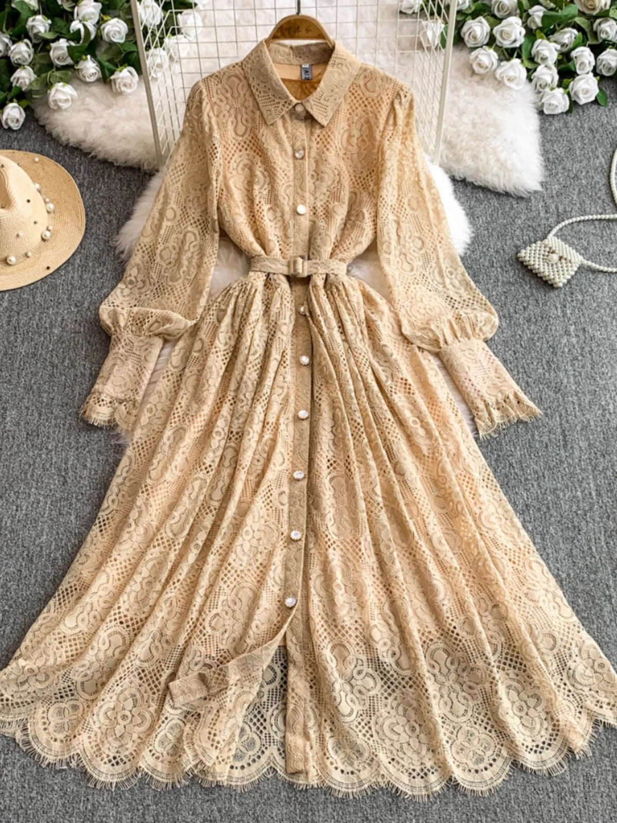 fitted lace wedding dress Petal and Pup Women's Caprice Long Sleeve Button Down Maxi Dress