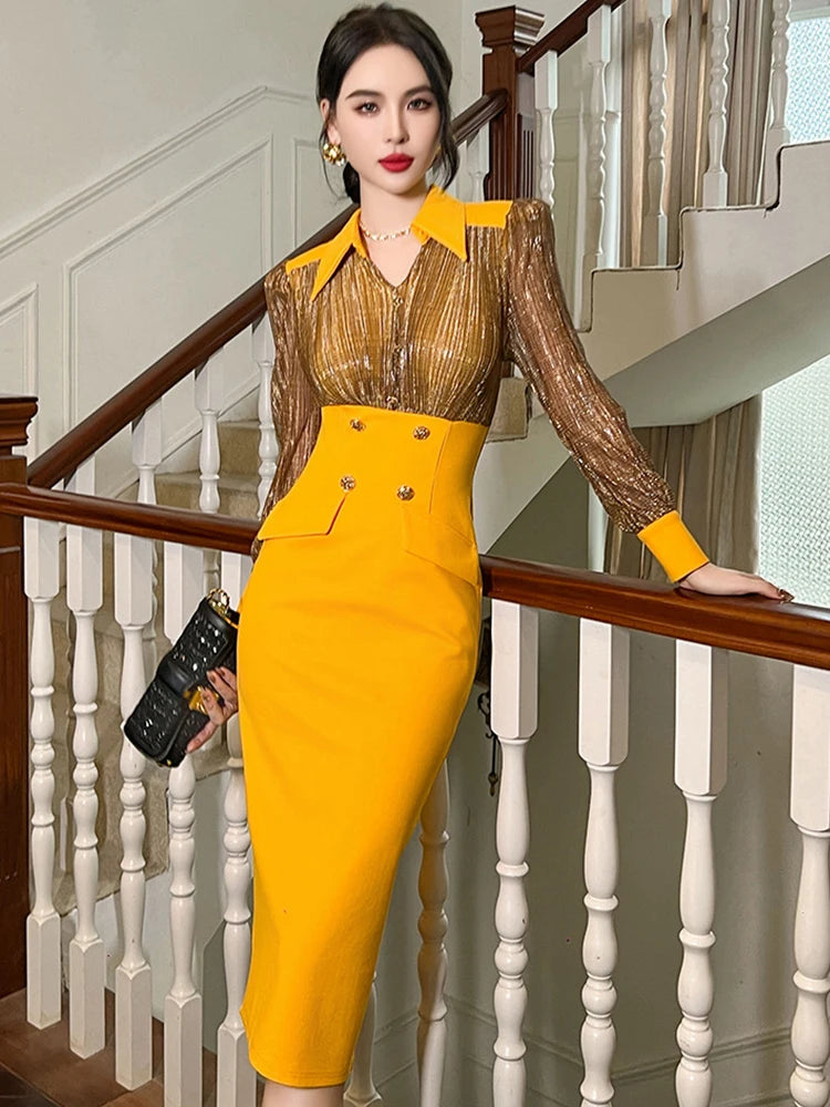 Womens Yellow Formal Dress With Sheer Sleeves