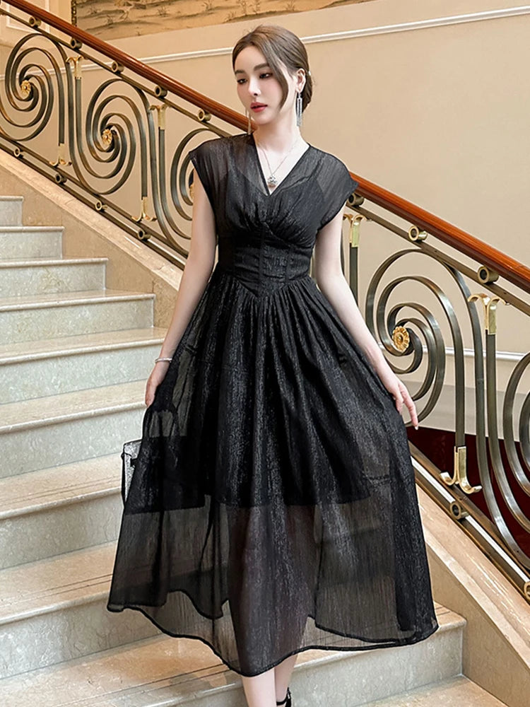 black sheer v neck dress InstantFigure Short Dress With Sheer Mesh Deep V-Neck 168226   InstantFigure INC