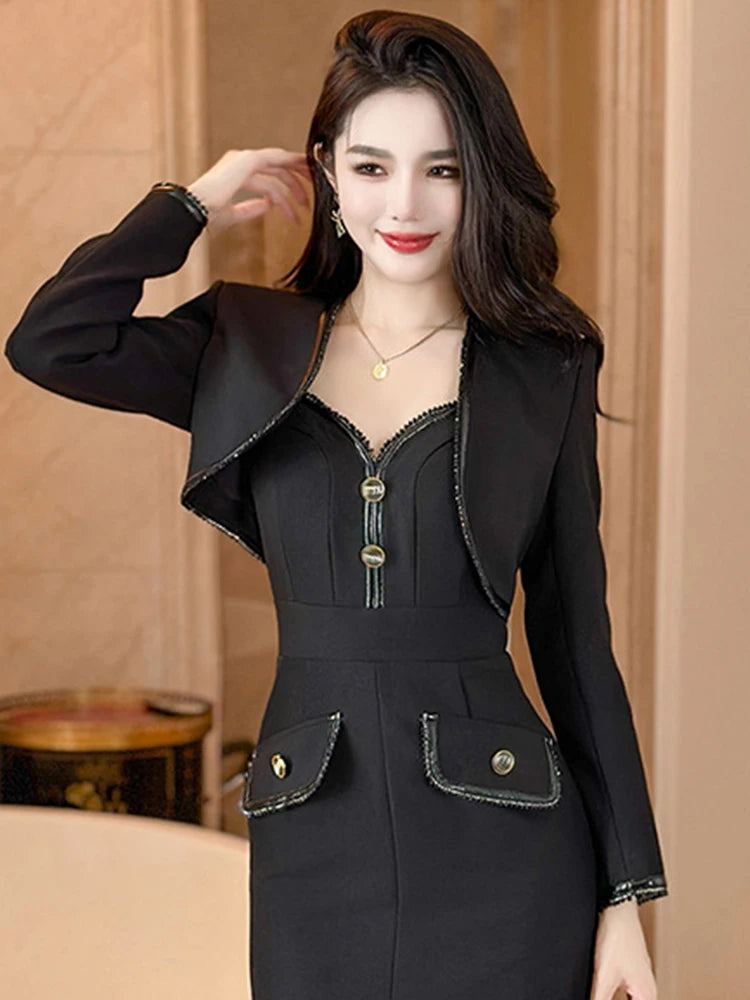 Womens Black Crop Blazer Gold Trimmed Jacket