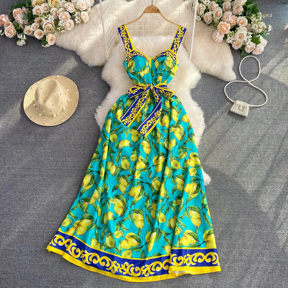 Vibrant Lemon Print Sleeveless Maxi Dress Bow