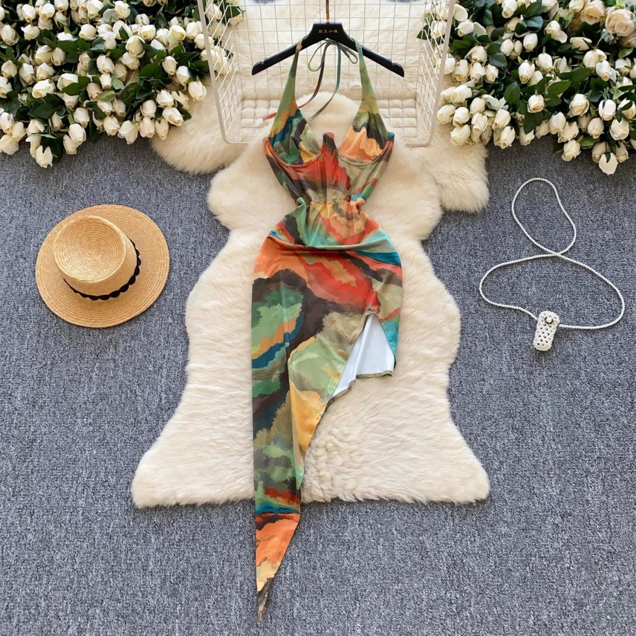 Colorful Asymmetrical Halter Dress With Adjustable Straps on Luulla