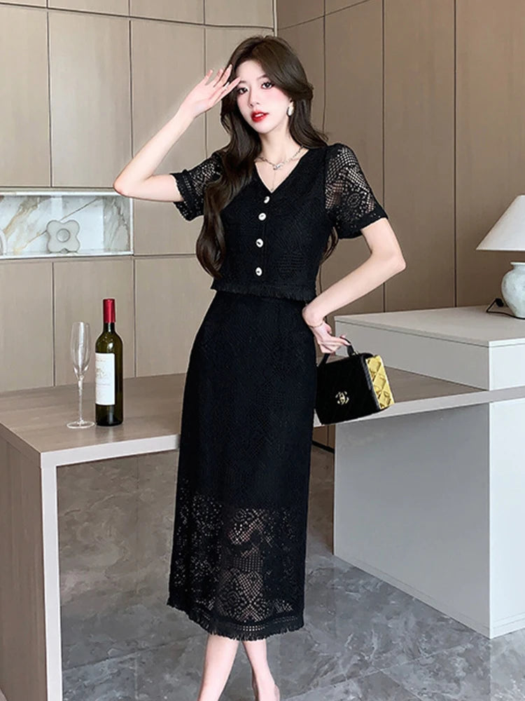 Black Lace Short Sleeve Button Midi Dress