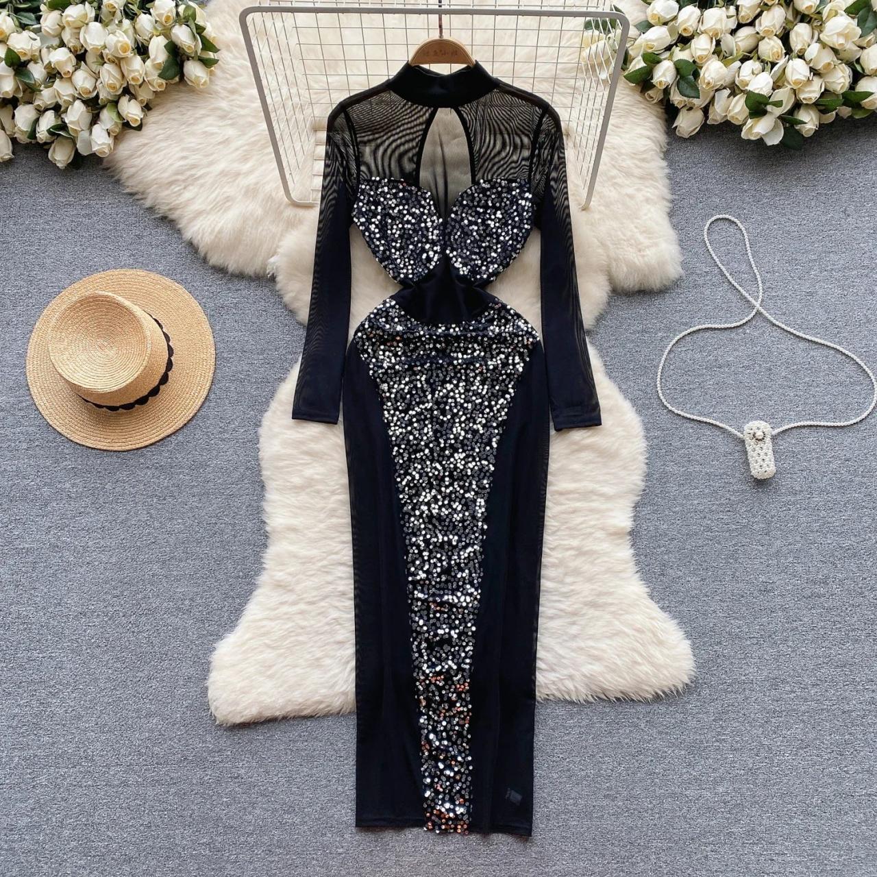 Long Sleeve Mesh Sequin Dress Black Sequin Sheer Long Sleeve Maxi Dress  Nasty Gal USA