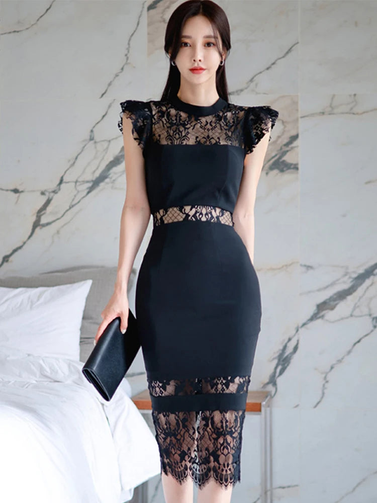 Black Lace Sleeveless Bodycon Dress With Sheer Panels
